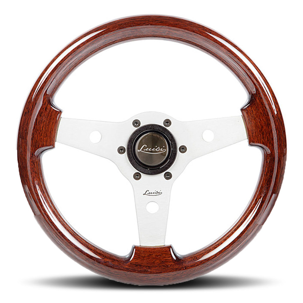 Luisi Imola Steering Wheel - Mahogany Wood Silver Spokes 310mm