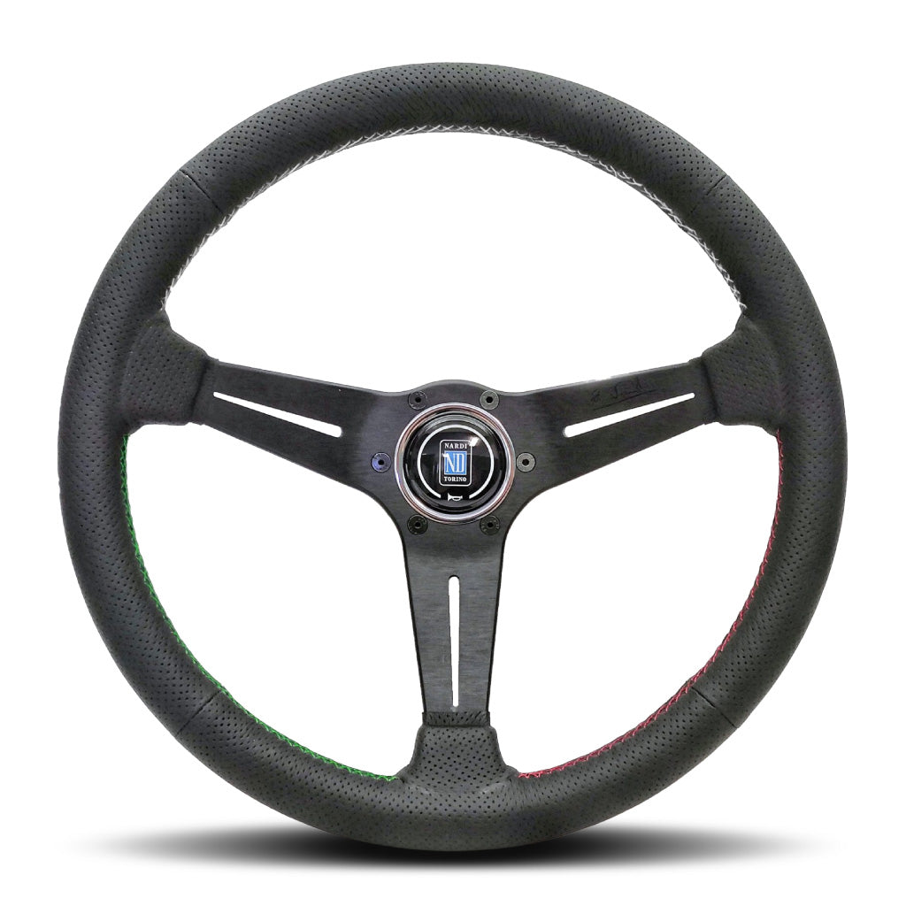 Nardi Deep Corn Steering Wheel - Black Leather Italian 3-Sector Stitching Black Spokes 350mm