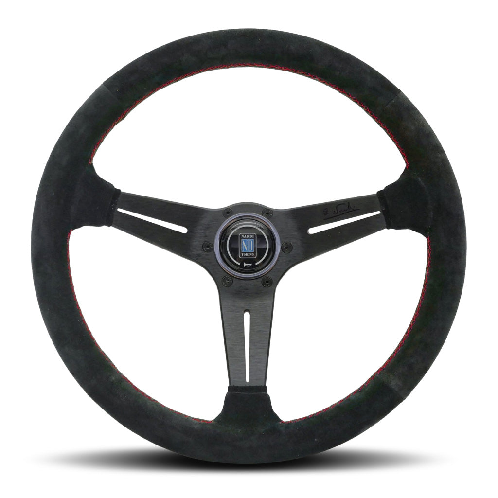 Nardi Deep Corn Steering Wheel - Black Suede Black Spokes Red Stitching 350mm