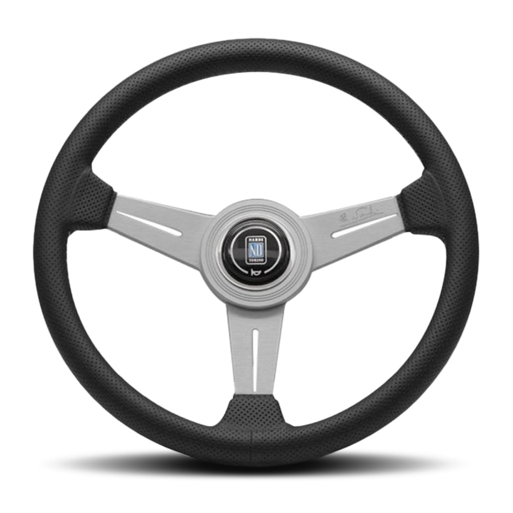 Nardi ND Classic Steering Wheel - Black Leather Grey Stitching Silver Spokes 340mm