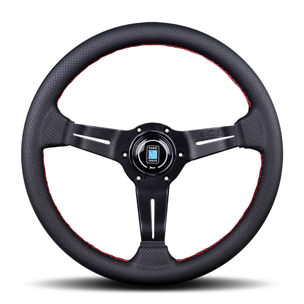 Nardi Deep Corn Steering Wheel - Black Leather Red Stitching Black Spokes 330mm