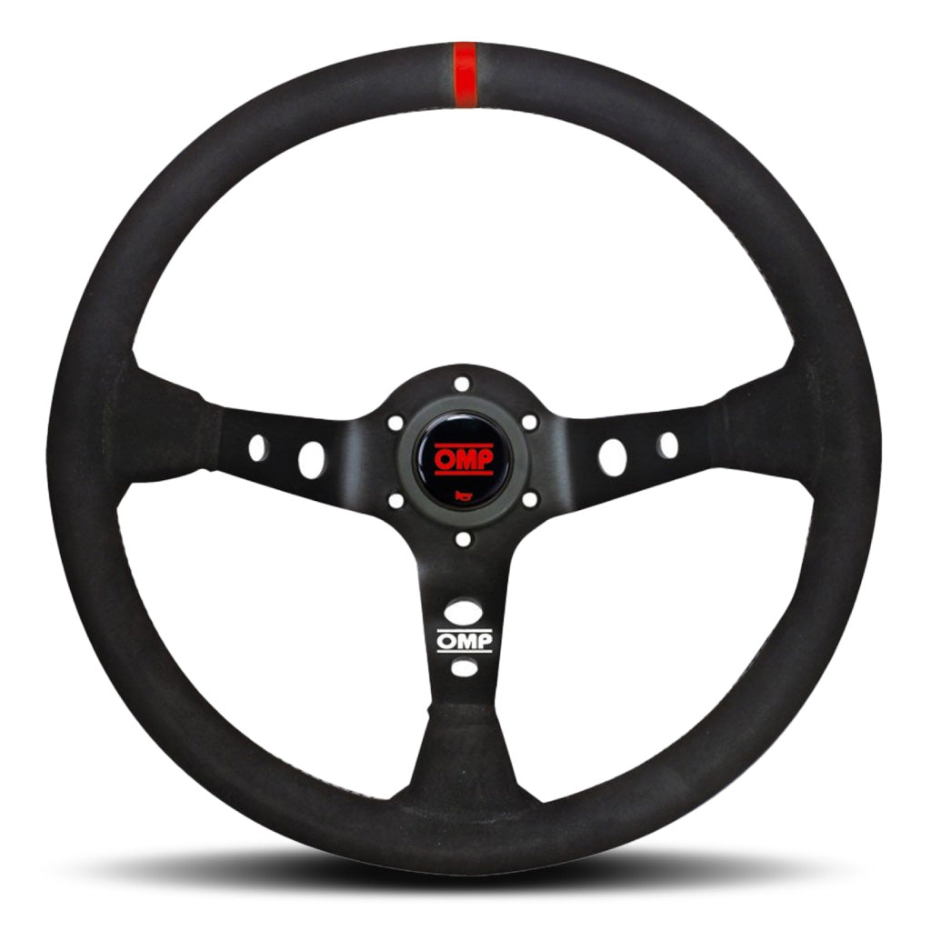OMP Corsica Scamosciato Steering Wheel - Black Suede Red Stitching Black Spokes 350mm