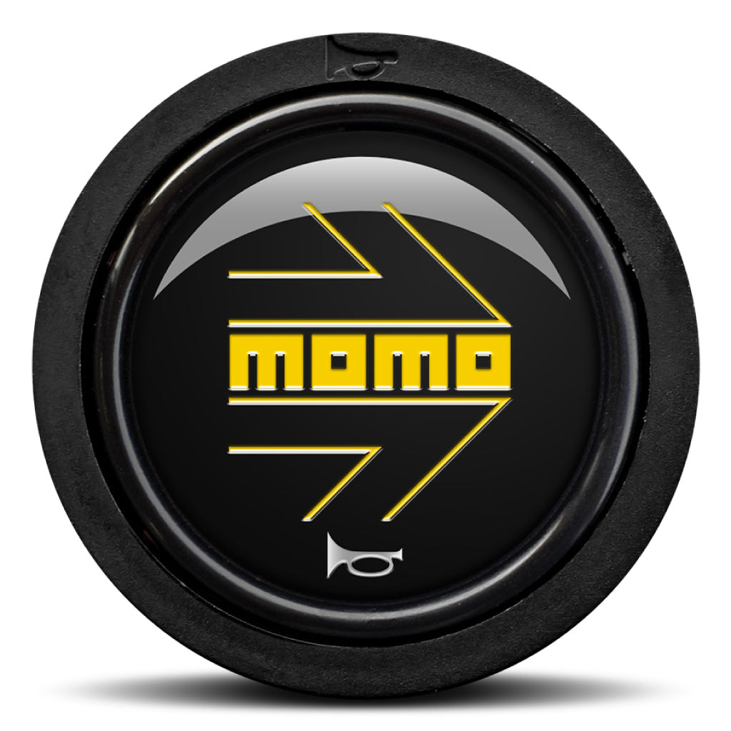 MOMO Horn Button Glossy Black Yellow Logo Flat Lip