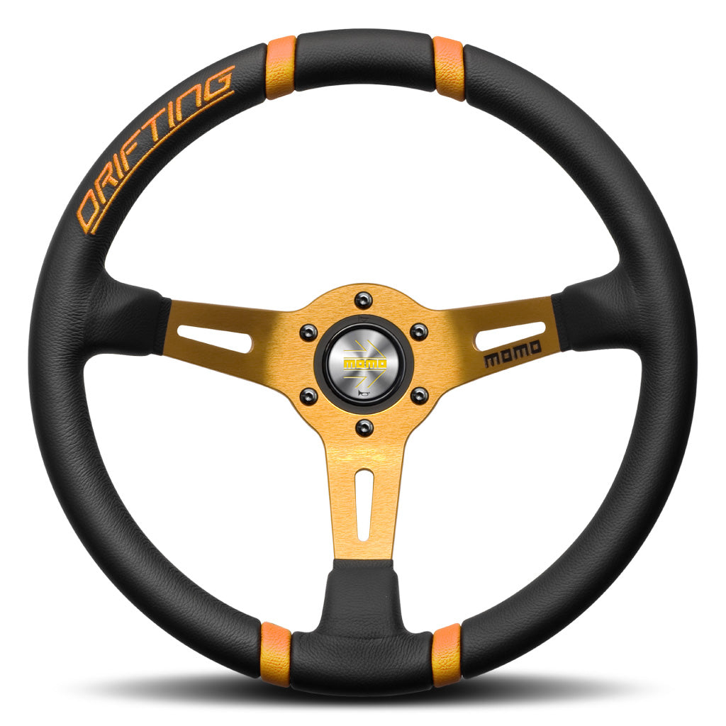 MOMO Drifting Steering Wheel Black Leather Orange Spokes 350mm