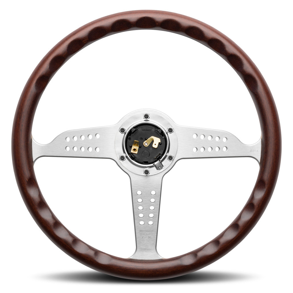 MOMO Grand Prix Steering Wheel - Mahogany Wood Silver Spokes 350mm