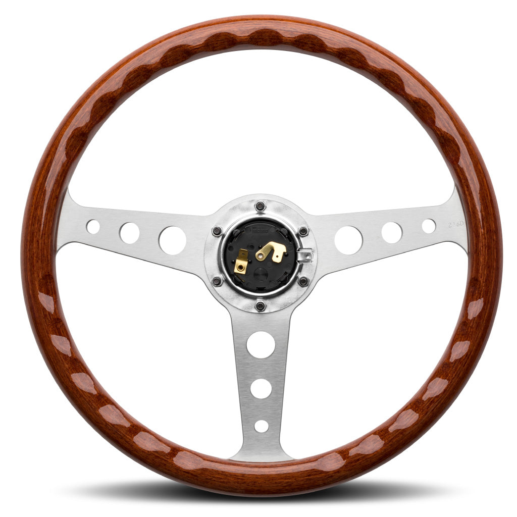 MOMO Indy Heritage Steering Wheel Mahogany Wood Silver Spokes 350mm