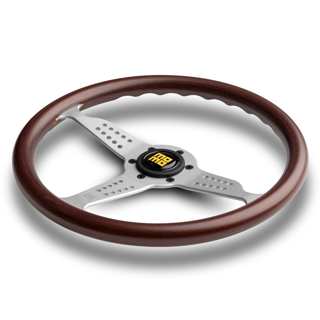 MOMO Grand Prix Steering Wheel - Mahogany Wood Silver Spokes 350mm