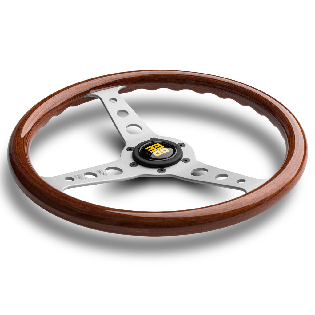 MOMO Indy Heritage Steering Wheel - Mahogany Wood Silver Spokes 350mm