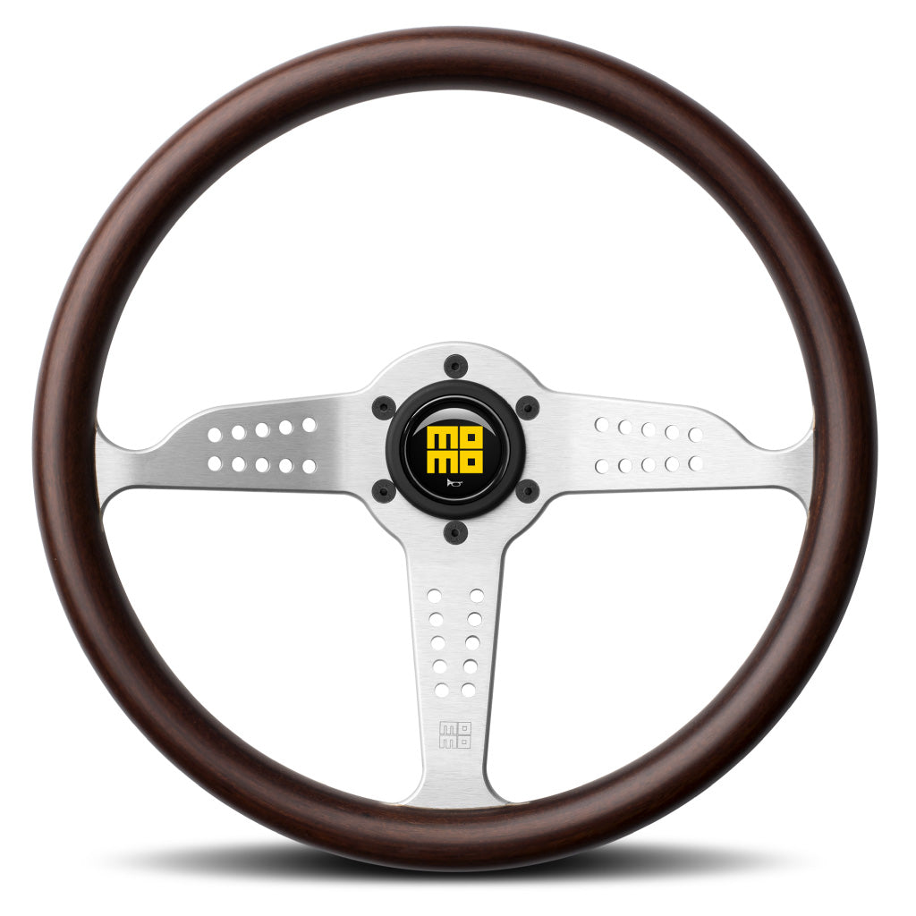 MOMO Grand Prix Steering Wheel - Mahogany Wood Silver Spokes 350mm