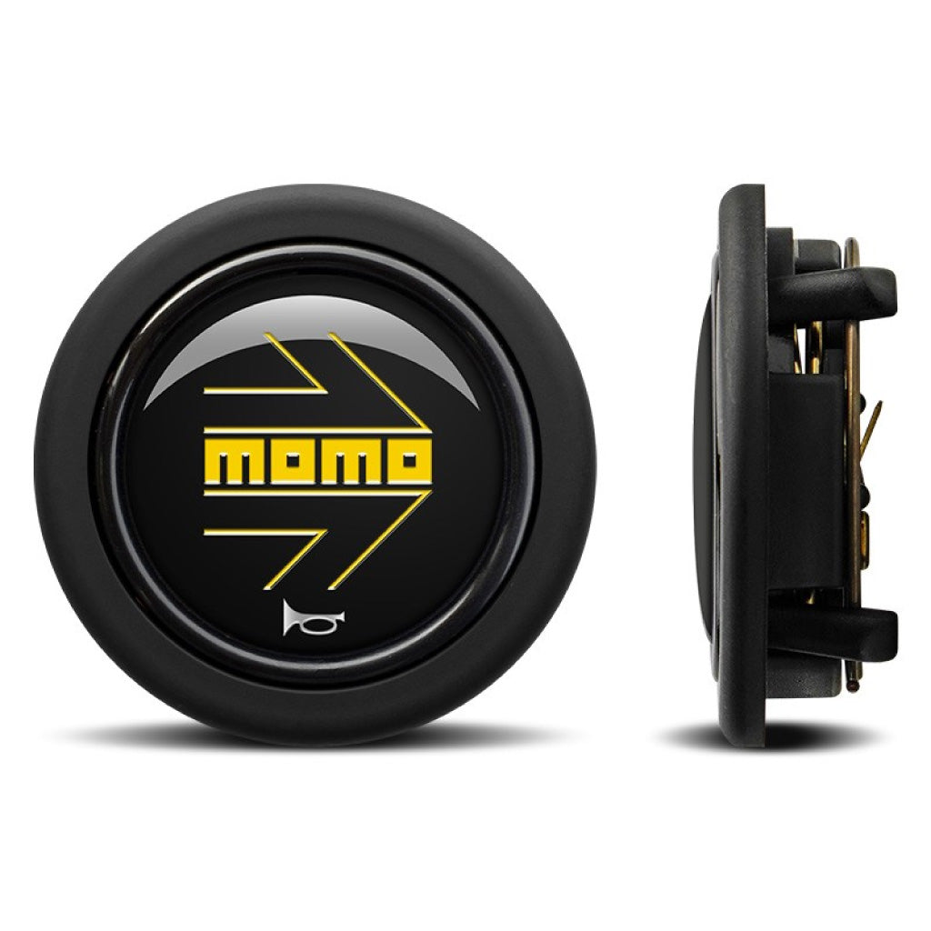 MOMO Horn Button - Glossy Black Yellow Logo - Round Lip