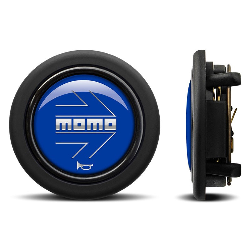 MOMO Horn Button - Glossy Blue Chormed Logo - Round Lip
