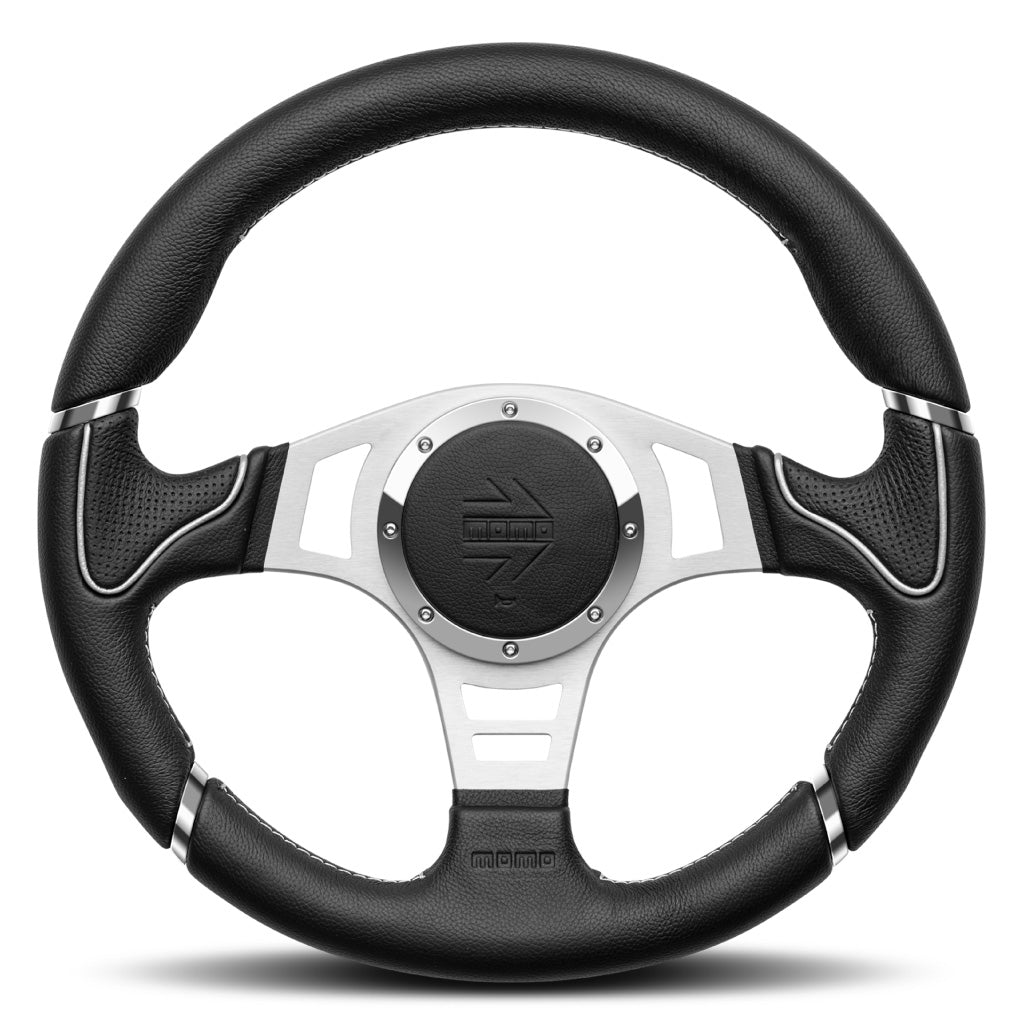MOMO Millenium Sport Steering Wheel Black Leather Silver Spokes 350mm