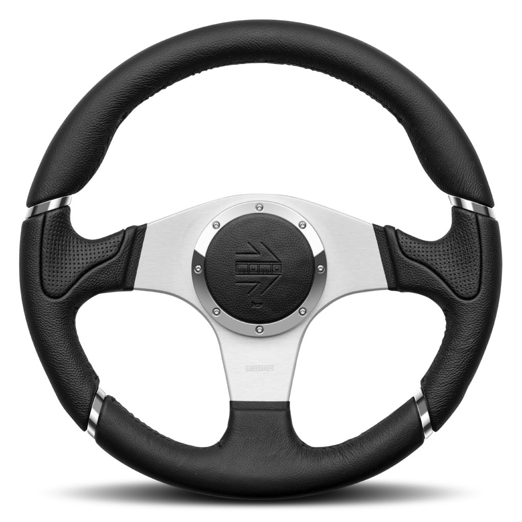 MOMO Millenium Steering Wheel Black Leather Silver Spokes 350mm