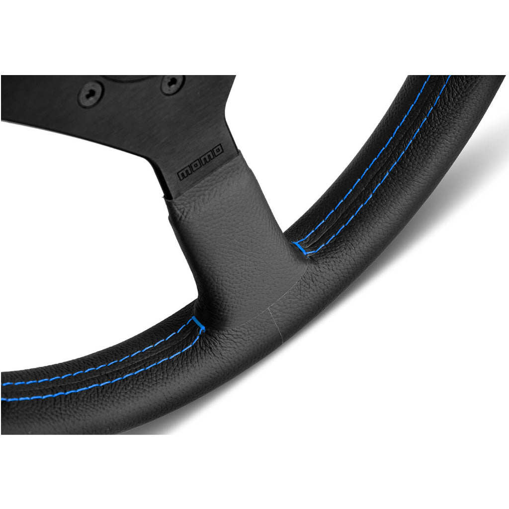 MOMO Montecarlo Steering Wheel - Black Leather Blue Stitching Black Spokes 350mm