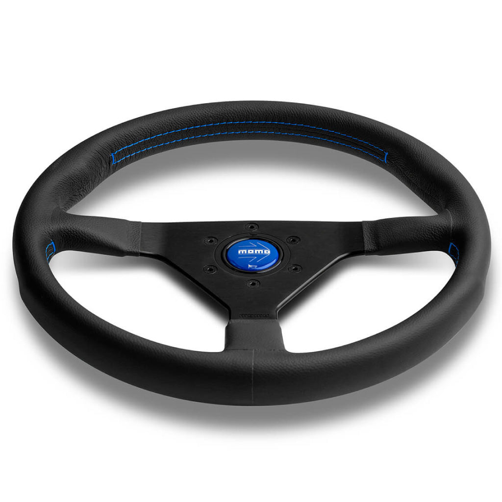 MOMO Montecarlo Steering Wheel - Black Leather Blue Stitching Black Sp