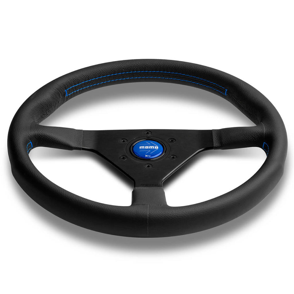 MOMO Montecarlo Steering Wheel - Black Leather Blue Stitching Black Spokes 350mm