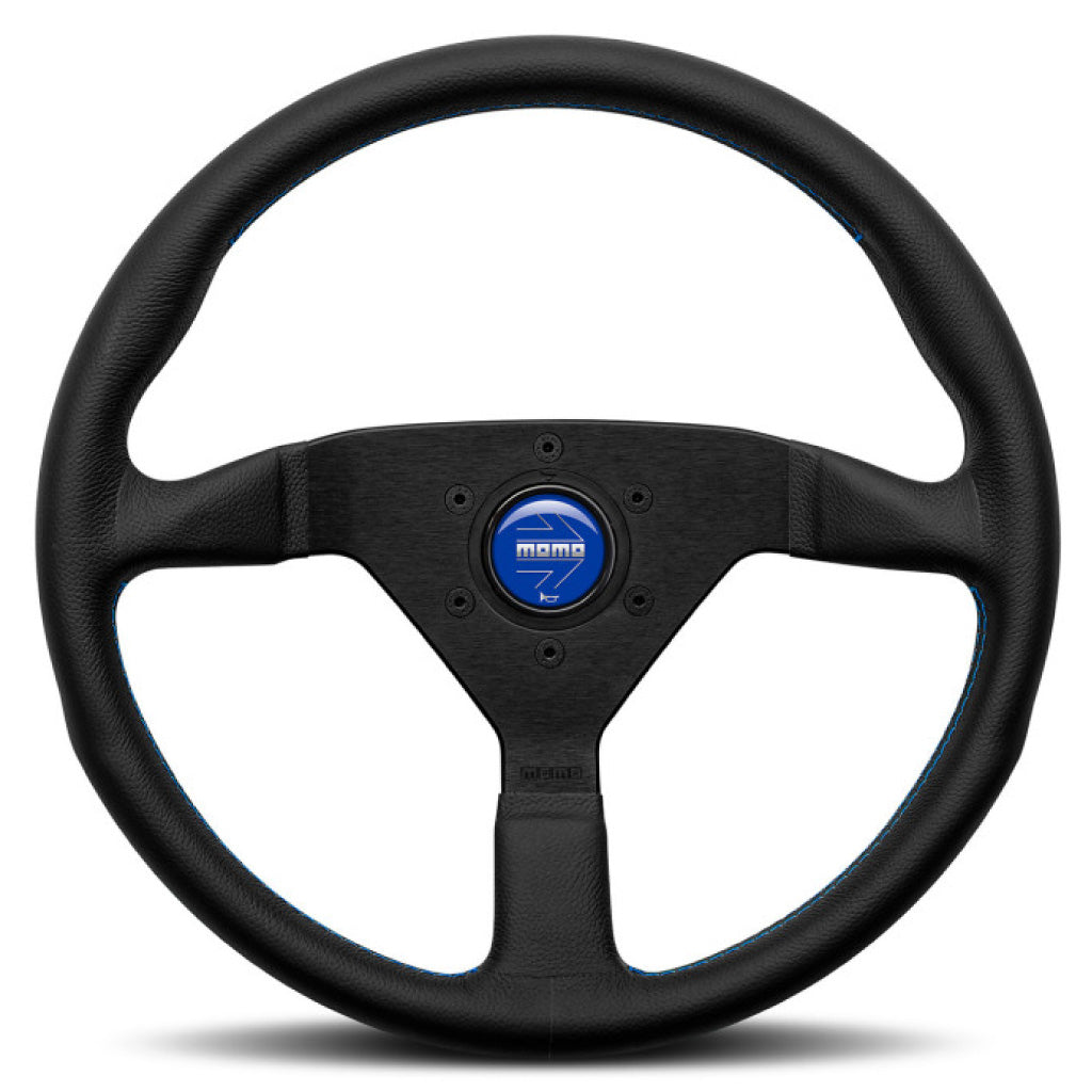 MOMO Montecarlo Steering Wheel - Black Leather Blue Stitching Black Spokes 350mm