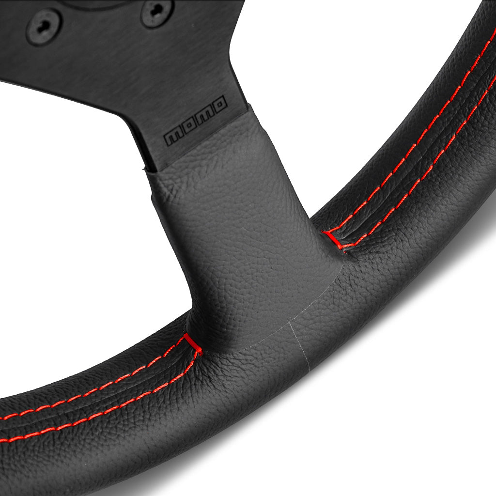 MOMO Montecarlo Steering Wheel Black Leather Red Stitching Black Spokes 350mm