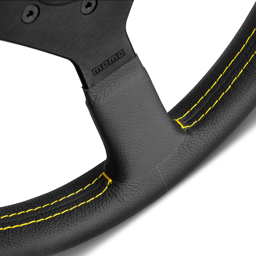 MOMO Montecarlo Steering Wheel Black Leather Yellow Stitching Black Spokes 350mm