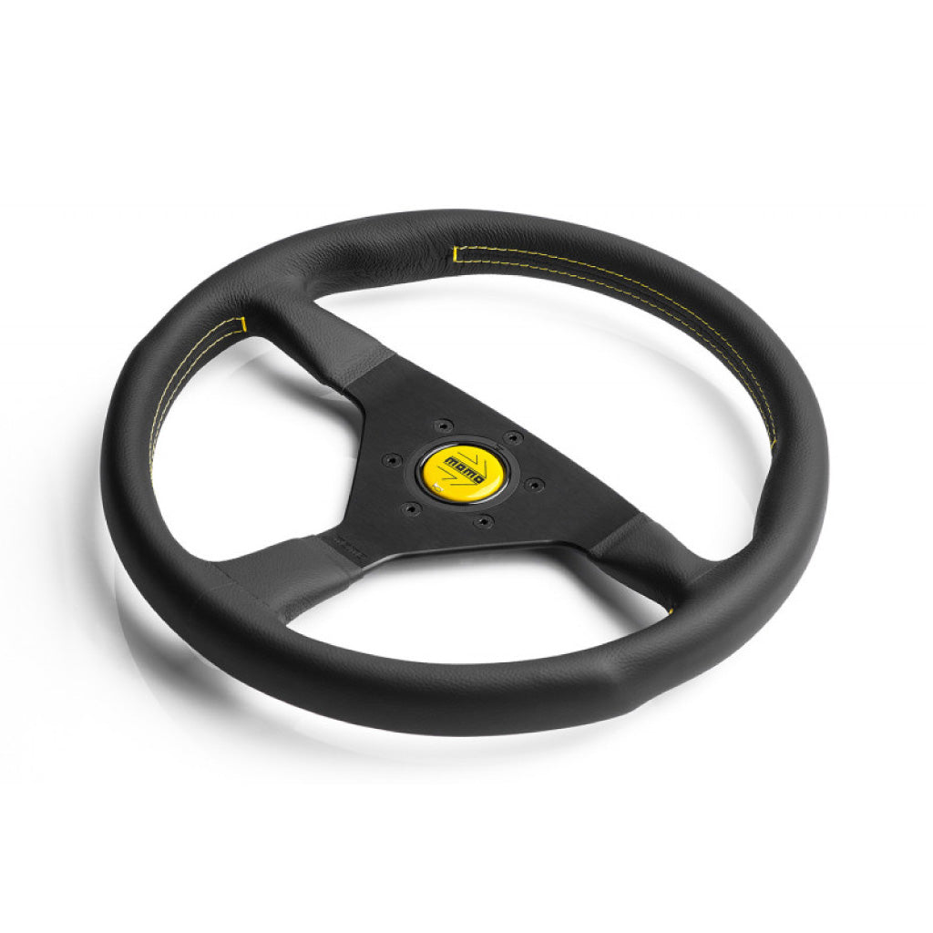 MOMO Montecarlo Steering Wheel - Black Leather Yellow Stitching Black Spokes 350mm