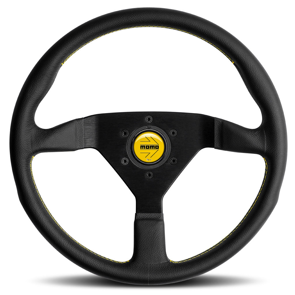MOMO Montecarlo Steering Wheel Black Leather Yellow Stitching Black Spokes 350mm