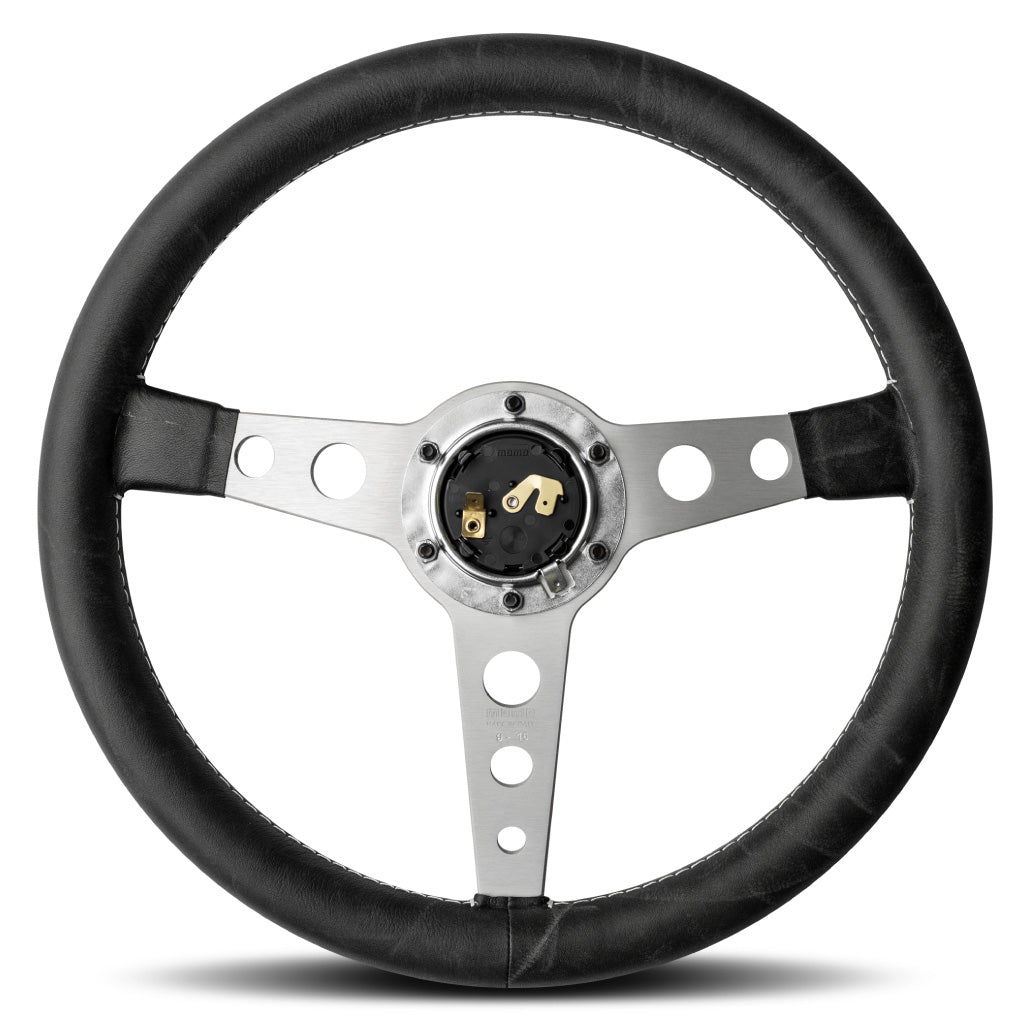 MOMO Prototipo Heritage Steering Wheel Black Leather Silver Spokes 350mm
