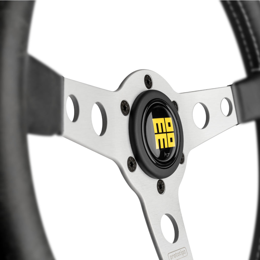 MOMO Prototipo Heritage Steering Wheel Black Leather Silver Spokes 350mm - evilspeed.eu