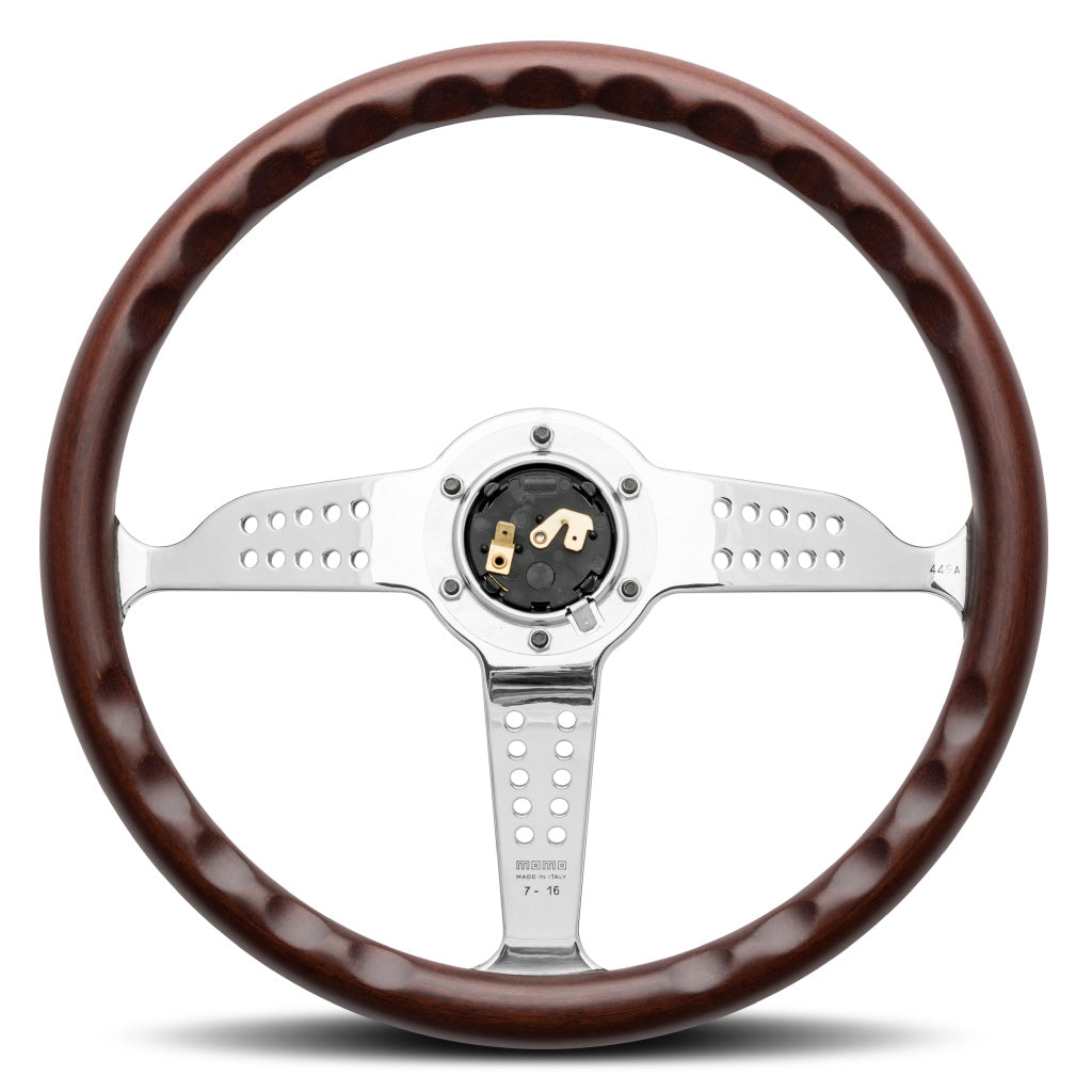 MOMO Super Grand Prix Steering Wheel - Mahogany Wood Silver Spokes 350mm