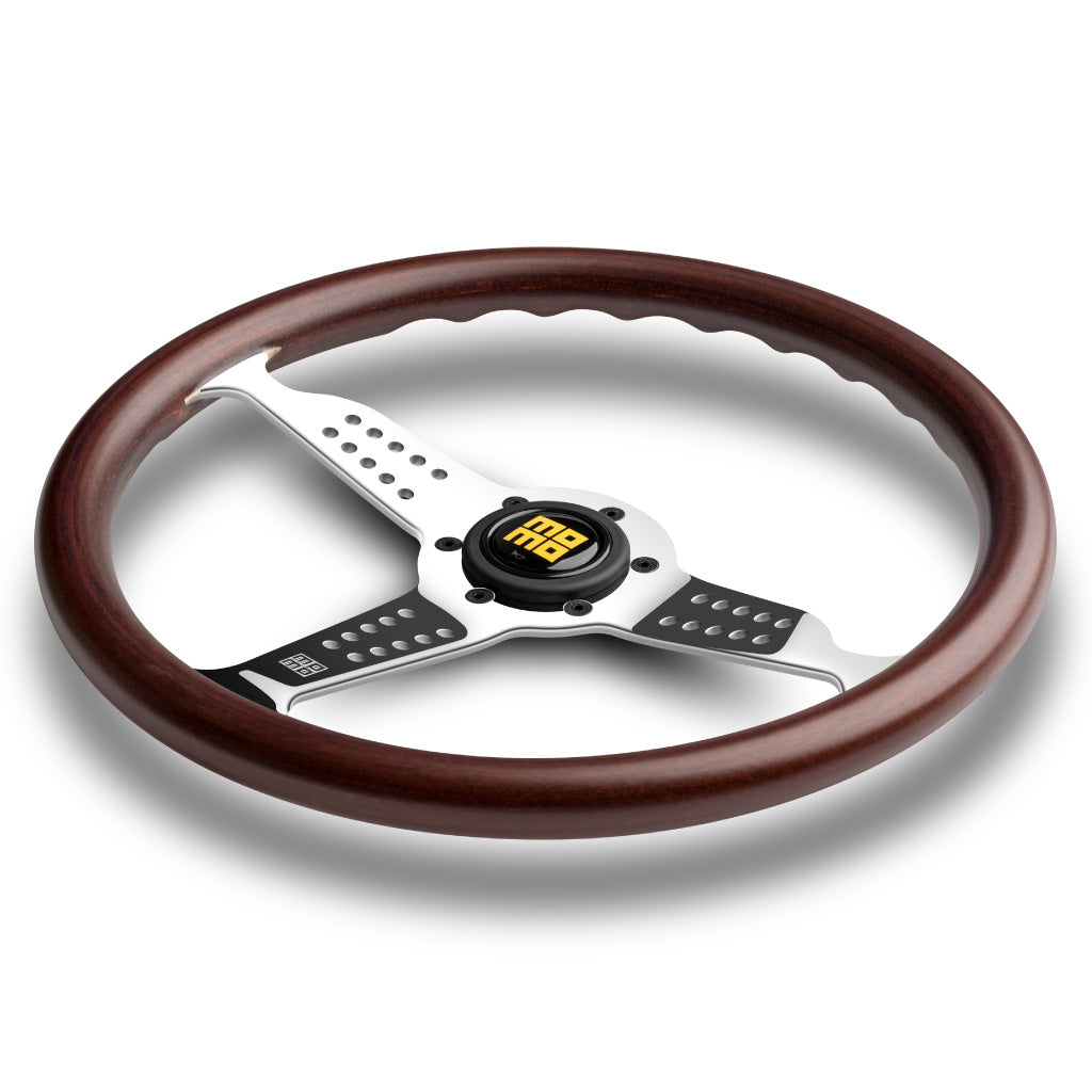 MOMO Super Grand Prix Steering Wheel - Mahogany Wood Silver Spokes 350mm