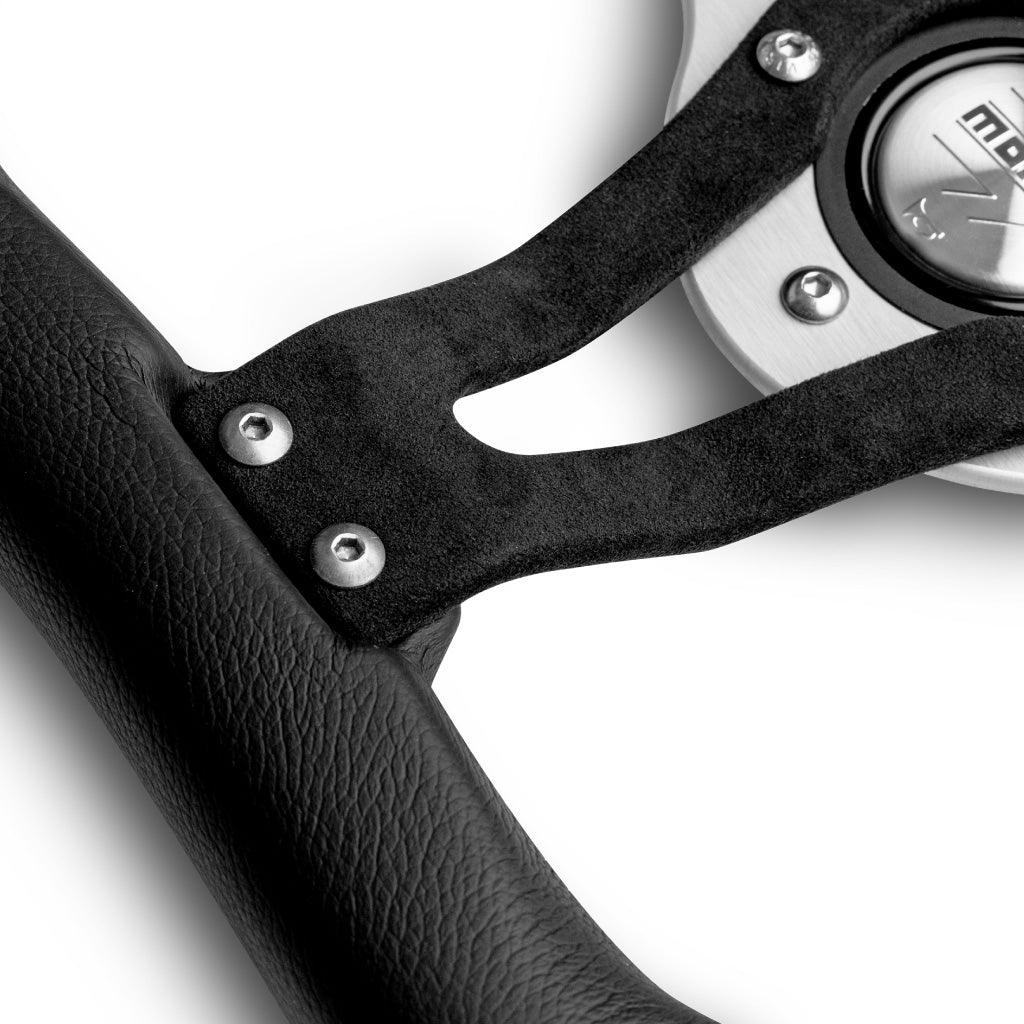 MOMO Trek Steering Wheel Black Leather Silver Spokes 350mm - evilspeed.eu