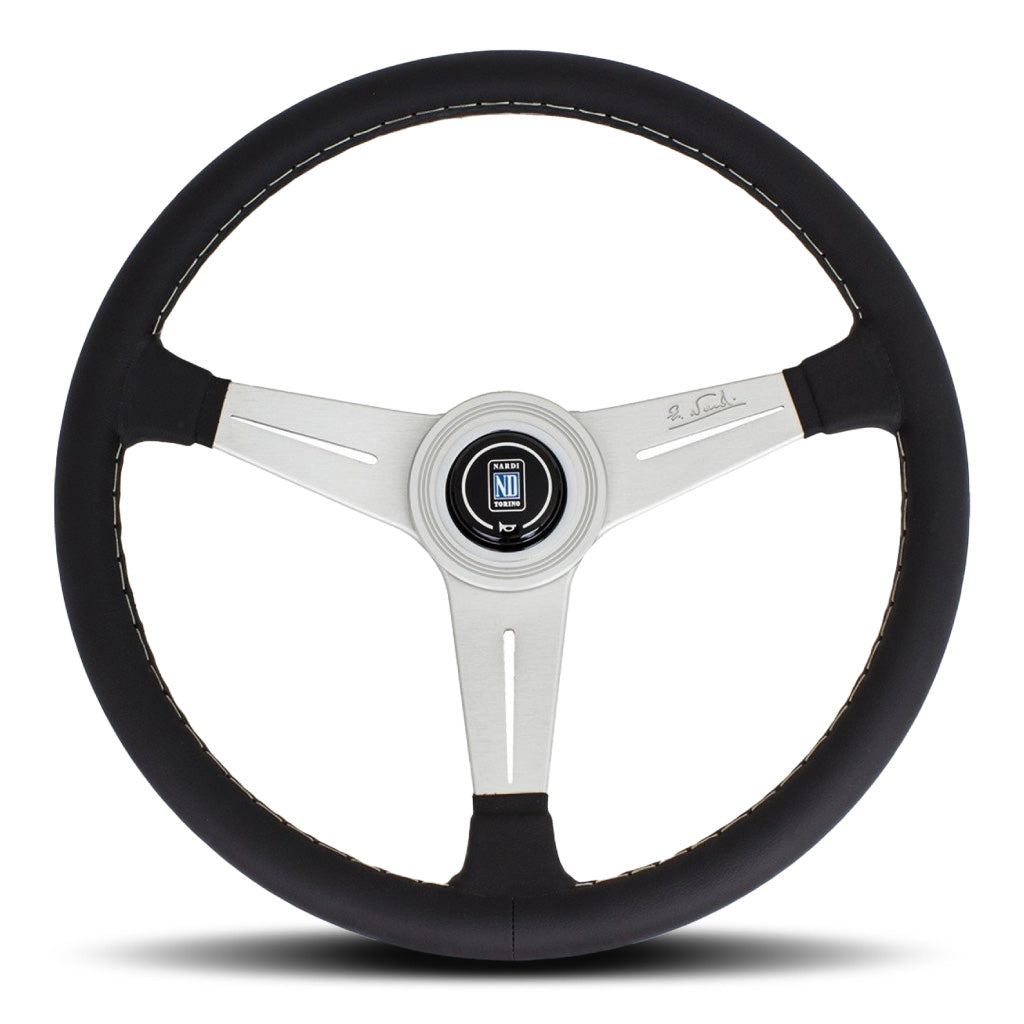 Nardi ND Classic Steering Wheel - Black Leather with Grey Stitching Silver Spokes 340mm