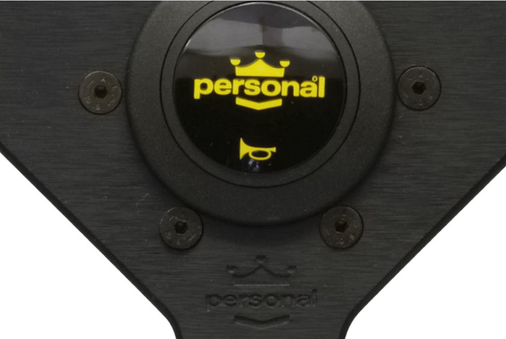 Personal Grinta Steering Wheel - Black Leather Black Spokes Yellow Stitching 350mm