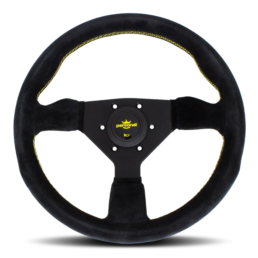 Personal Grinta Steering Wheel - Black Suede Black Spokes Yellow Stitching 330mm