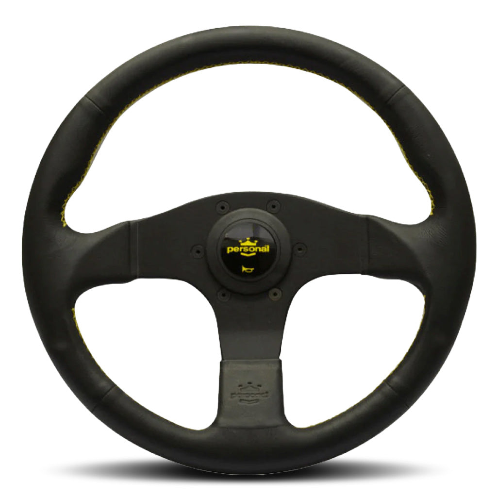 Personal Neo Actis Steering Wheel - Black Leather Black Spokes Yellow Stitching 330mm