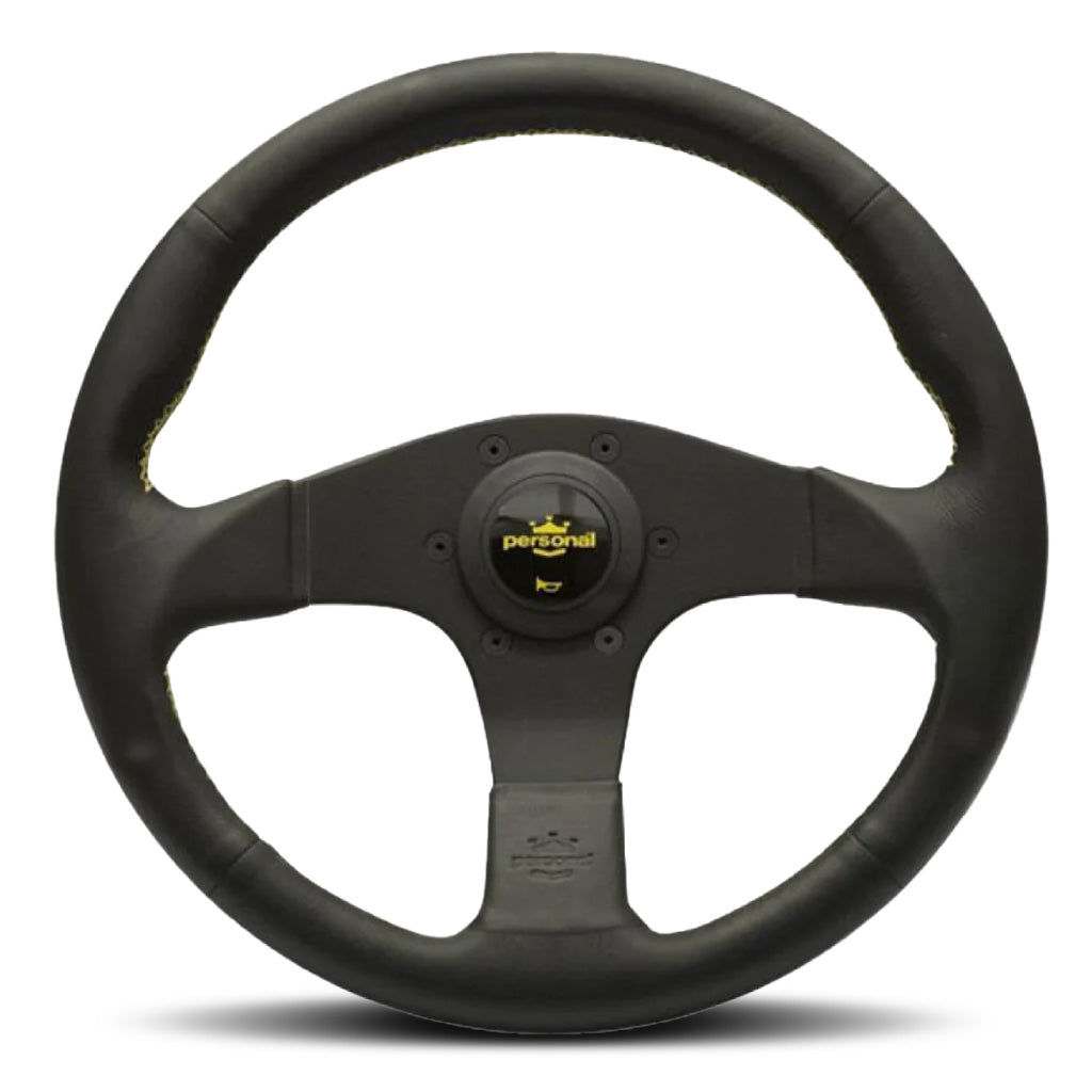 Personal Neo Actis Steering Wheel - Black Leather Black Spokes Yellow Stitching 350mm