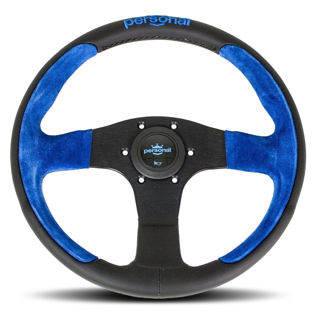 Personal Pole Position Steering Wheel - Black Leather Blue Suede Black Spokes 330mm