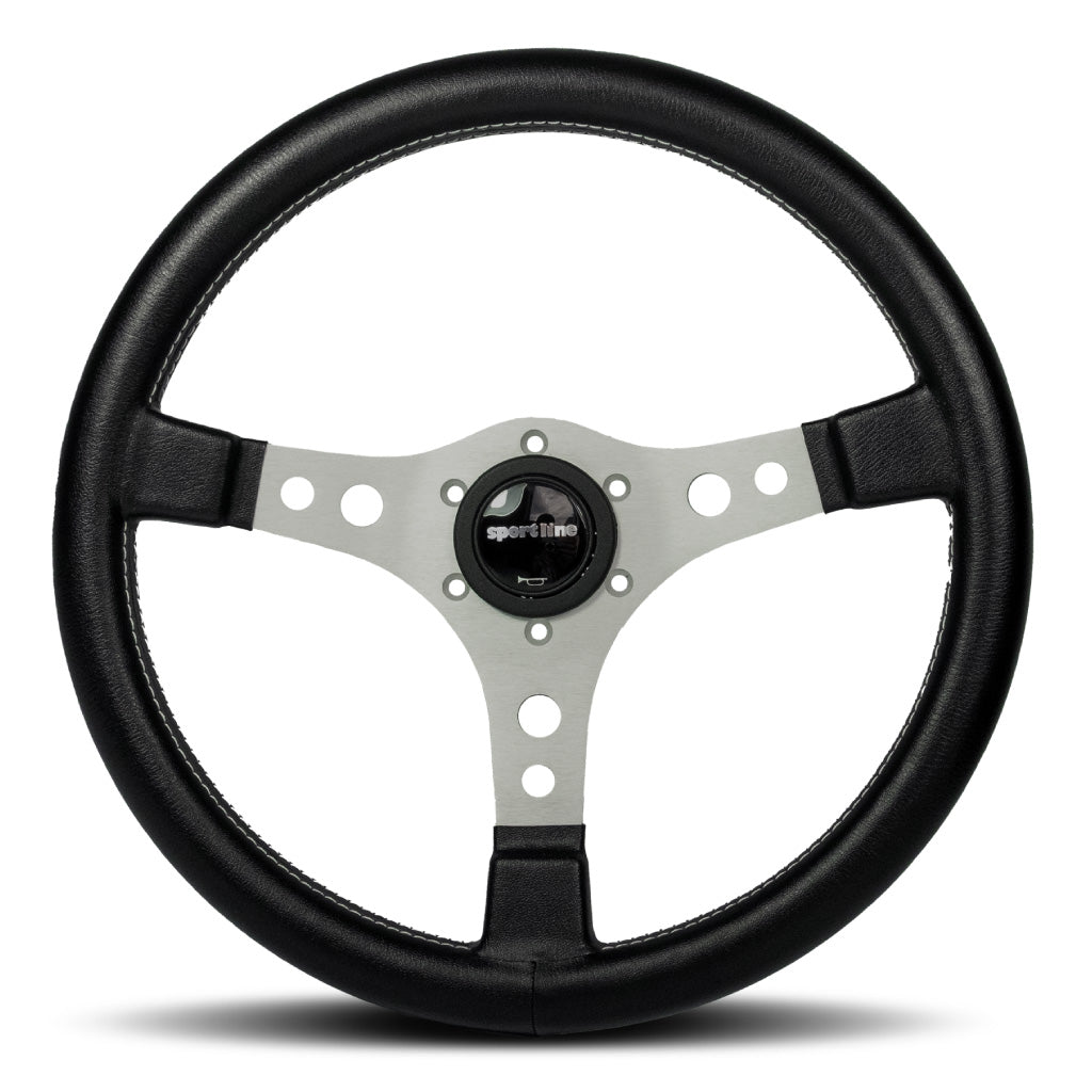 Sport Line Racing Steering Wheel - Black Vinyl Silver Spokes 350mm